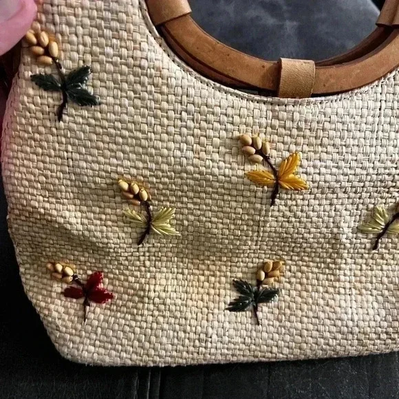 Fossil Vintage Bag Woven Straw & Leather Embroidered Beaded Floral Bag No Strap - Picture 4 of 5